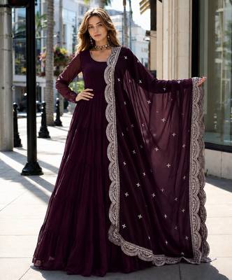 purple faux georgette readymade anarkali suit with embroidery & Sequin work 1