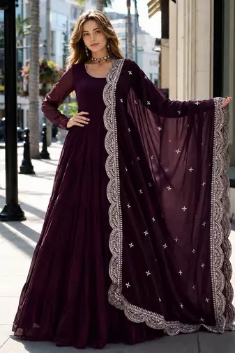 purple faux georgette readymade anarkali suit with embroidery & Sequin work