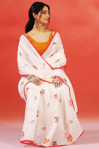 Ivory floral printed handloom khadi saree