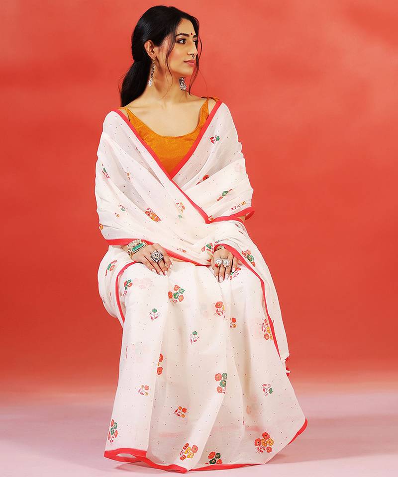 Ivory floral printed handloom khadi saree