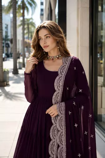 purple faux georgette readymade anarkali suit with embroidery & Sequin work