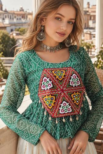 green bandhani free size stitched navratri top with kutchi gamthi patch work