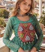 green bandhani free size stitched navratri top with kutchi gamthi patch work