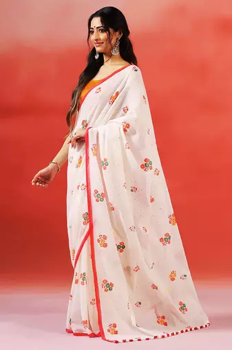 Ivory floral printed handloom khadi saree
