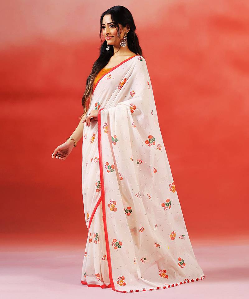 Ivory floral printed handloom khadi saree