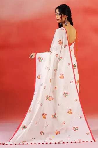 Ivory floral printed handloom khadi saree