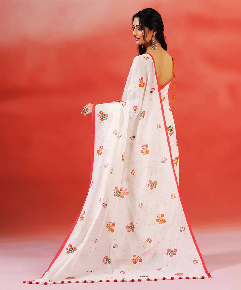 Ivory floral printed handloom khadi saree