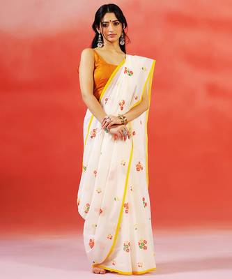 Ivory floral printed handloom khadi saree 1