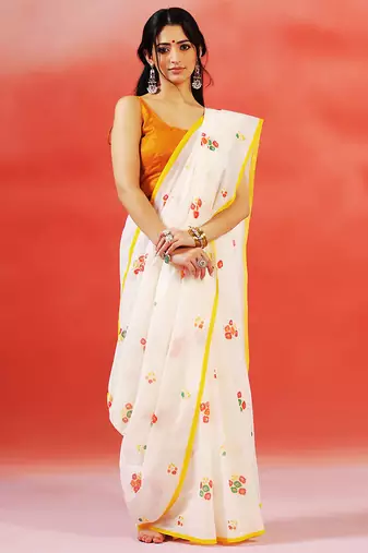 Ivory floral printed handloom khadi saree