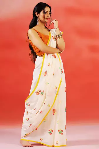 Ivory floral printed handloom khadi saree