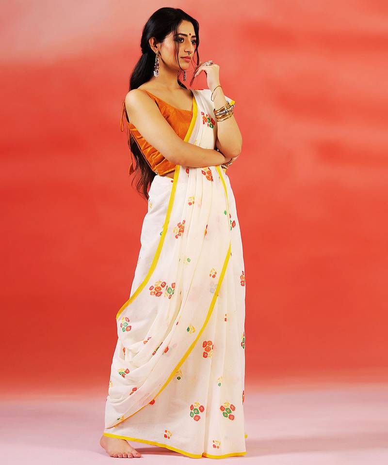 Ivory floral printed handloom khadi saree