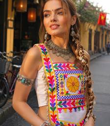 white satin free size stitched navratri top with kutchi gamthi embroidery & mirror work