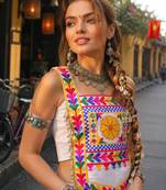 white satin free size stitched navratri top with kutchi gamthi embroidery & mirror work