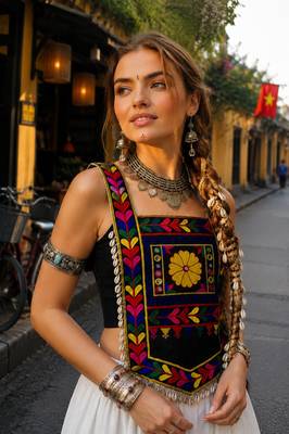 black satin free size stitched navratri top with kutchi gamthi embroidery & mirror work 2