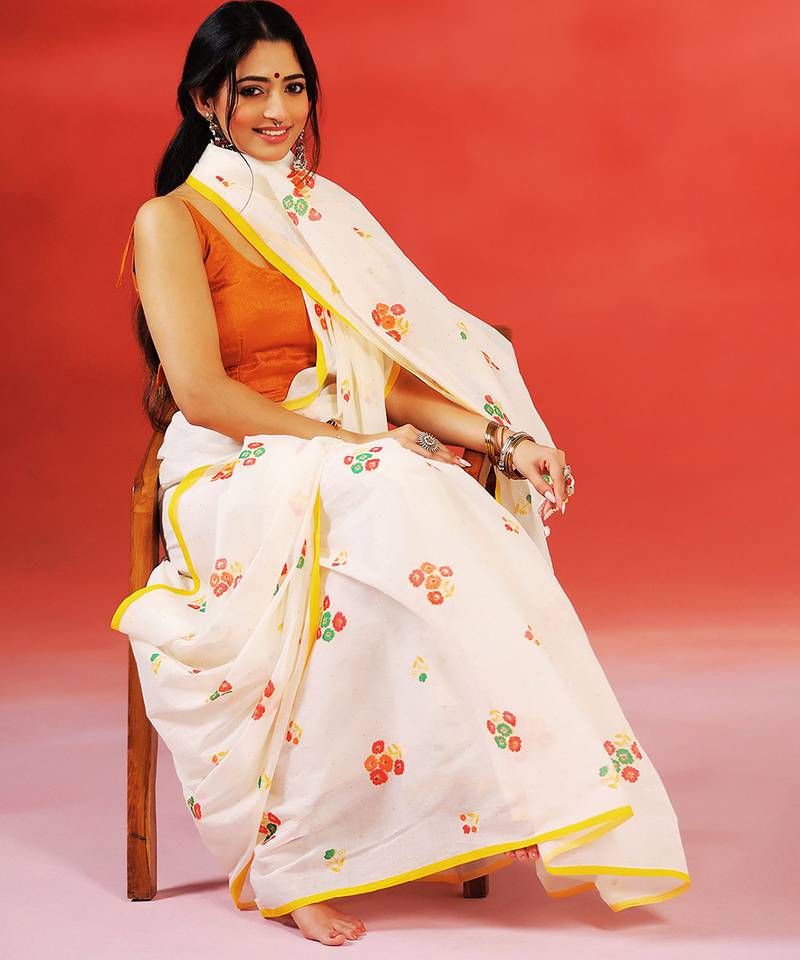 Ivory floral printed handloom khadi saree