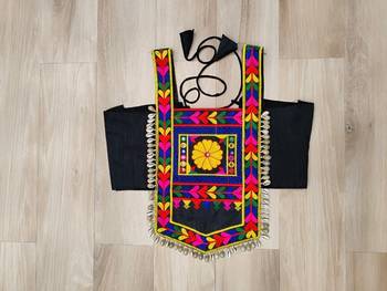 black satin free size stitched navratri top with kutchi gamthi embroidery & mirror work 3