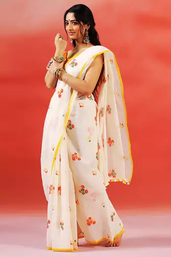 Ivory floral printed handloom khadi saree