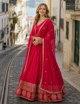 red faux georgette readymade anarkali suit with embroidery & Sequin work 1