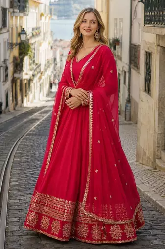 red faux georgette readymade anarkali suit with embroidery & Sequin work