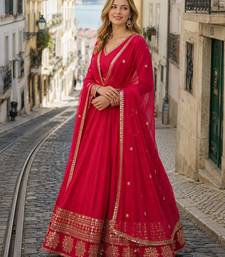 red faux georgette readymade anarkali suit with embroidery & Sequin work