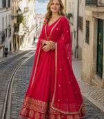 red faux georgette readymade anarkali suit with embroidery & Sequin work