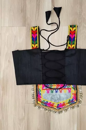 black satin free size stitched navratri top with kutchi gamthi embroidery & mirror work