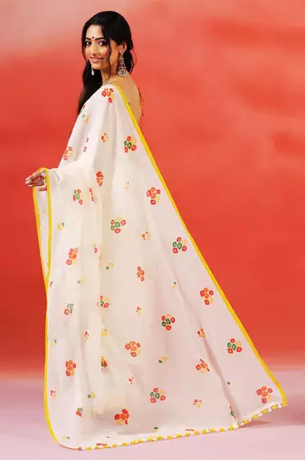 Ivory floral printed handloom khadi saree