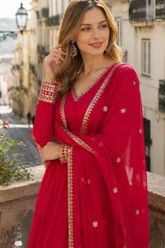 red faux georgette readymade anarkali suit with embroidery & Sequin work