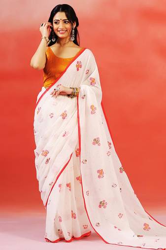 Ivory red floral printed handloom khadi saree