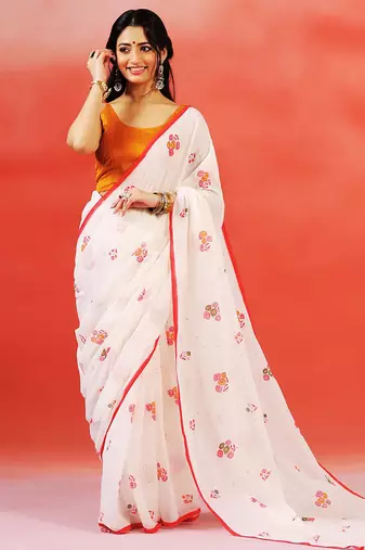 Ivory red floral printed handloom khadi saree