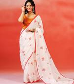 Ivory red floral printed handloom khadi saree