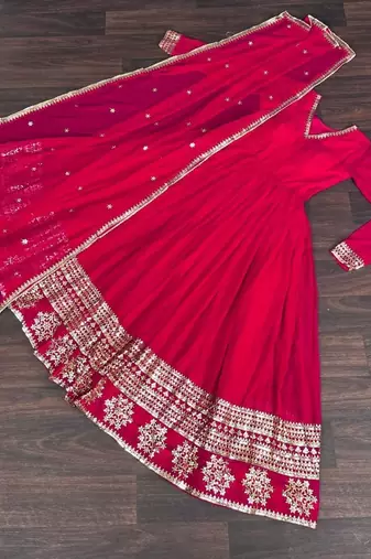 red faux georgette readymade anarkali suit with embroidery & Sequin work