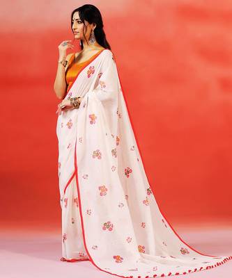 Ivory red floral printed handloom khadi saree 2