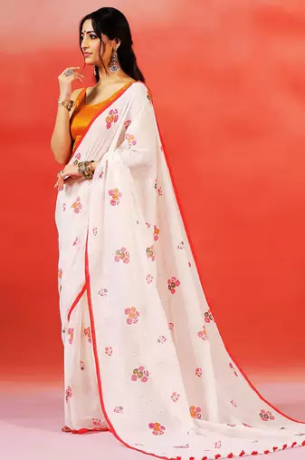 Ivory red floral printed handloom khadi saree