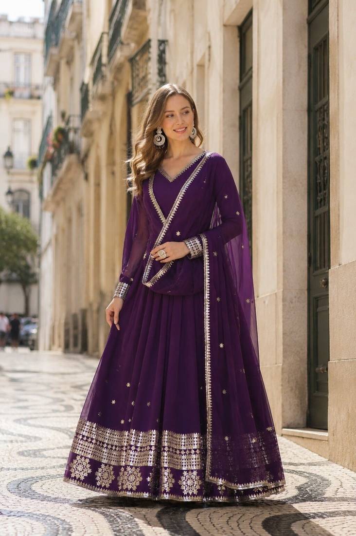 purple faux georgette readymade anarkali suit with embroidery & Sequin work