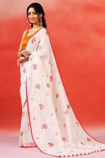 Ivory red floral printed handloom khadi saree