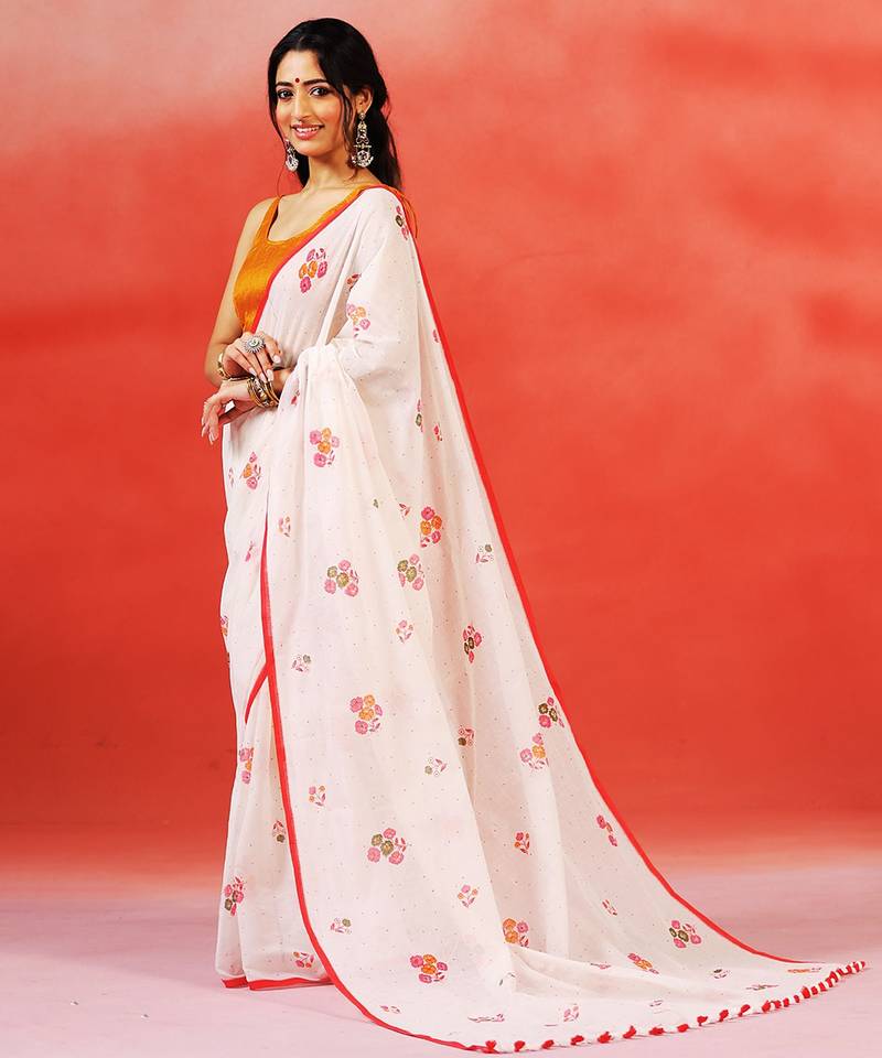 Ivory red floral printed handloom khadi saree