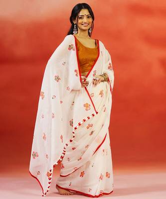 Ivory red floral printed handloom khadi saree 4
