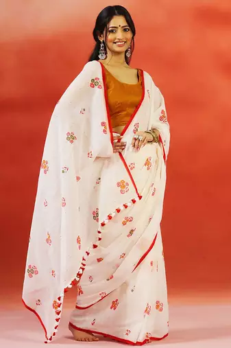 Ivory red floral printed handloom khadi saree