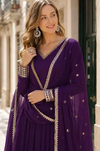 purple faux georgette readymade anarkali suit with embroidery & Sequin work