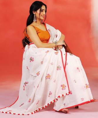 Ivory red floral printed handloom khadi saree 5