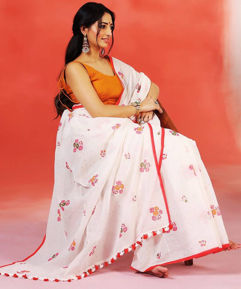 Ivory red floral printed handloom khadi saree