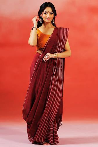 Maroon stripes handloom khadi saree