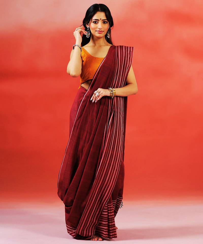 Maroon stripes handloom khadi saree