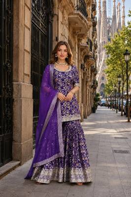 purple viscose readymade suit with embroidery & zari Sequin work 1
