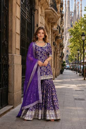 purple viscose readymade suit with embroidery & zari Sequin work