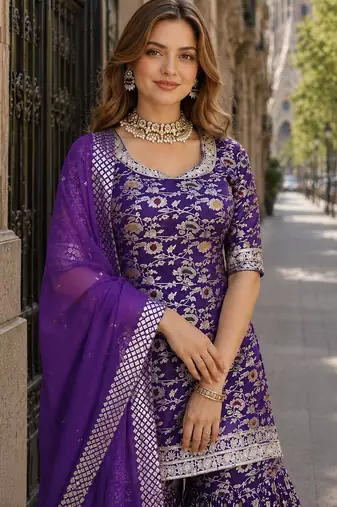 purple viscose readymade suit with embroidery & zari Sequin work