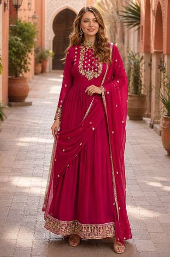 pink faux georgette readymade anarkali suit with embroidery & Sequin work