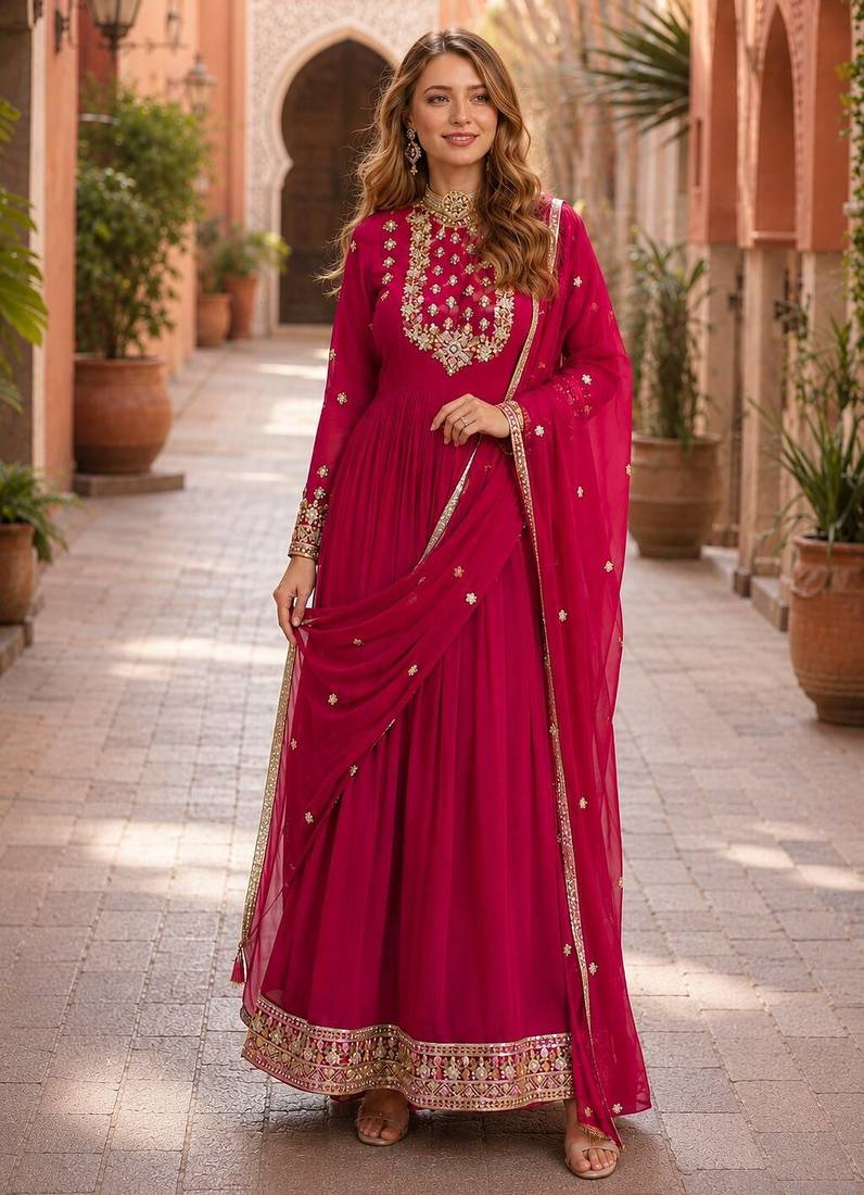 pink faux georgette readymade anarkali suit with embroidery & sequence work