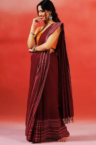 Maroon stripes handloom khadi saree